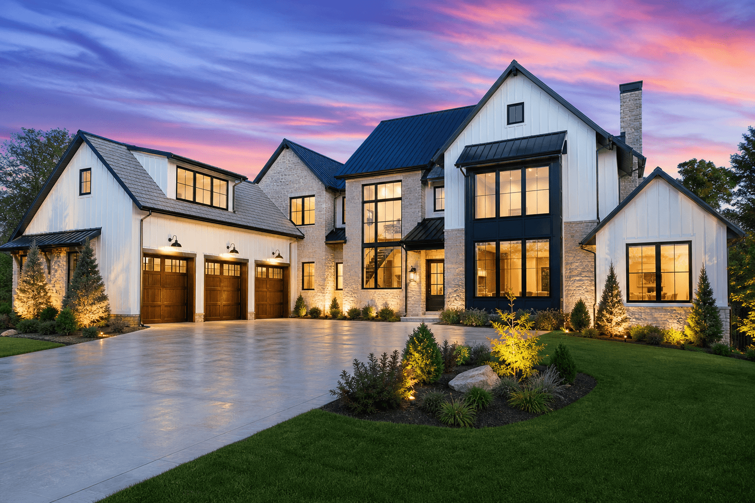 Two-story modern farmhouse custom home in Center Grove, Indiana at dusk with stone and board-and-batten exterior